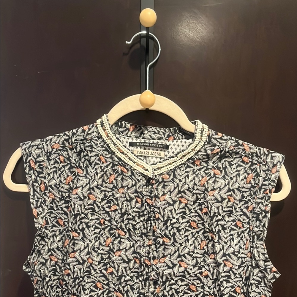 Black and White Floral Top with Beaded Neckline